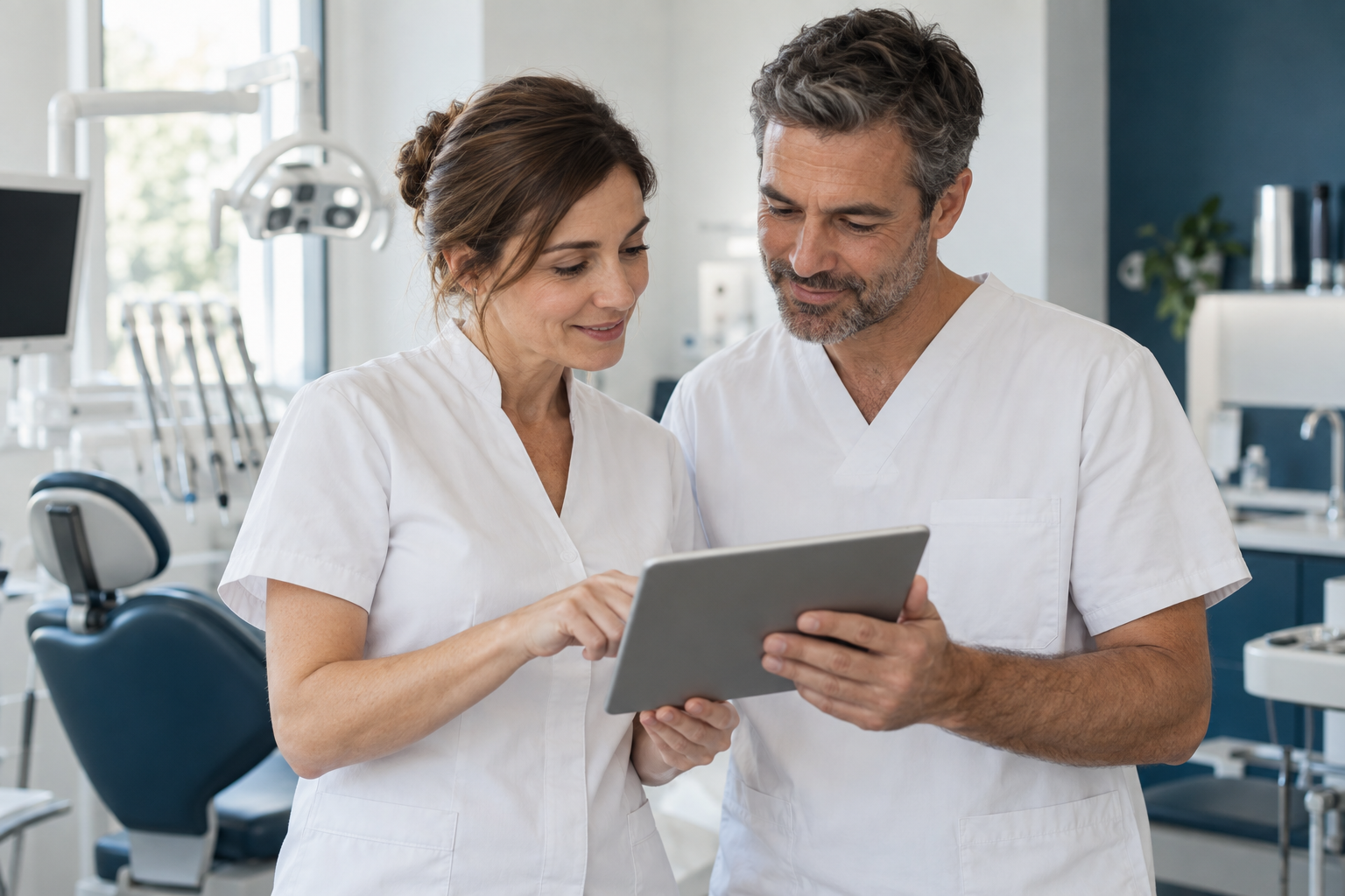 Due professionisti odontoiatrici si confrontano in studio davanti a un tablet